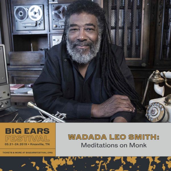 Wadada Leo Smith smiling with Big Ears Festival information box at the bottom